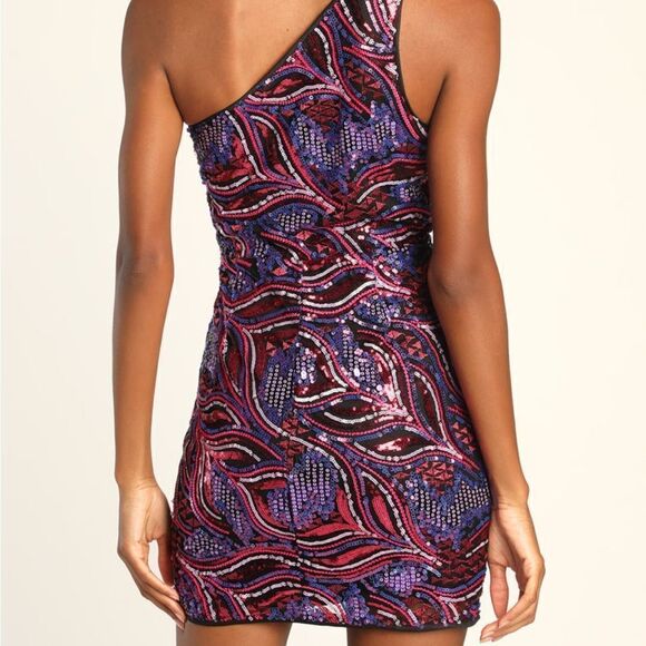 Make a Statement Pink Sequin One-Shoulder Bodycon Mini Dress - Picture 2 of 5
